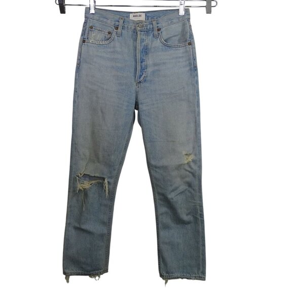 Agolde Riley High Rise Slim Straight Ripped Jeans Size 25 Light Wash Button Fly - Picture 1 of 7